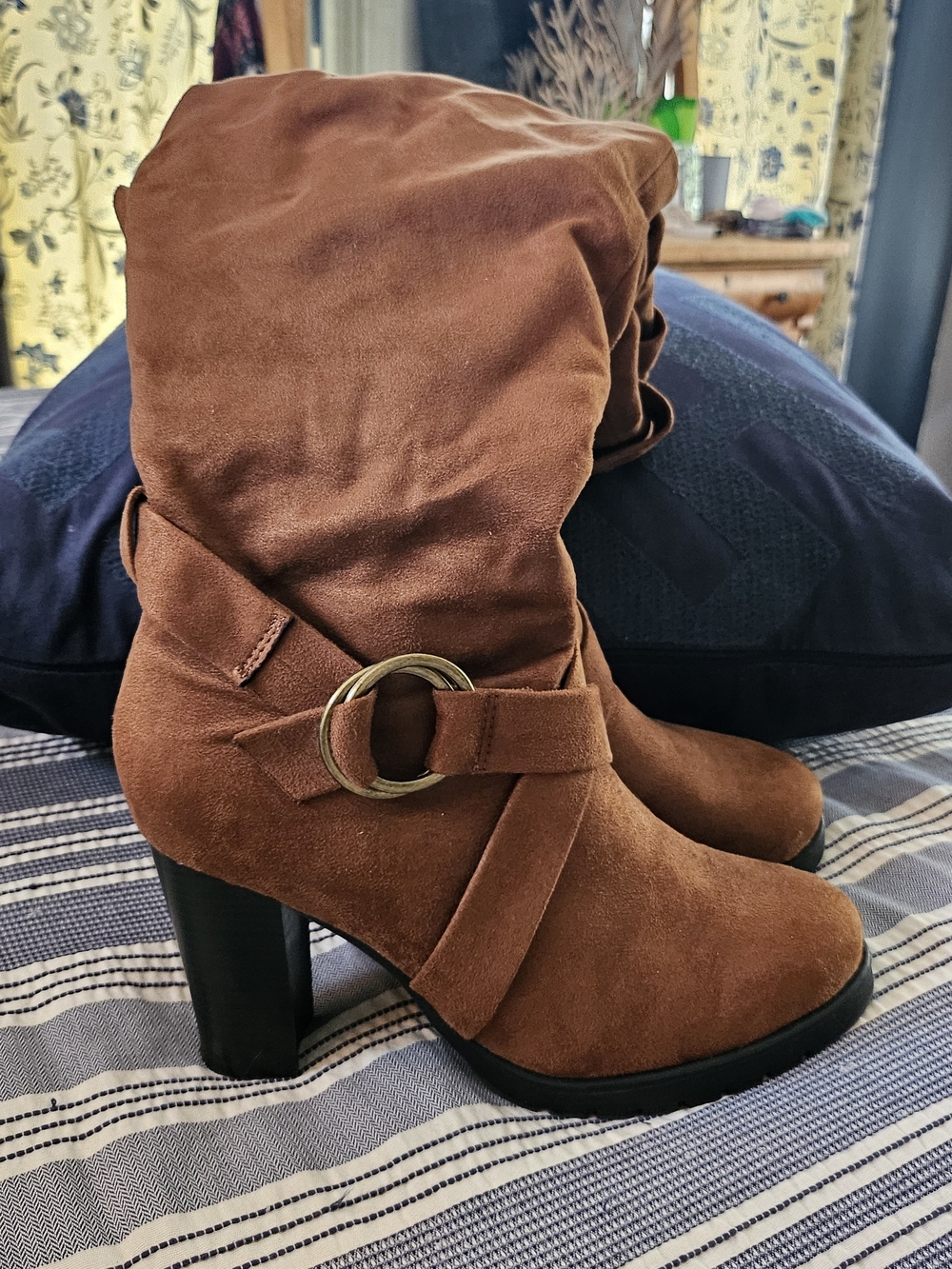Brown Suede Slouch Boot with Buckle Accent